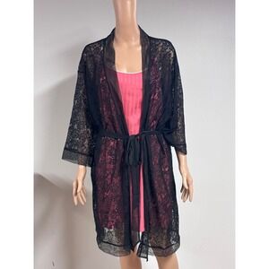 Adore Me Black Floral Lace Robe Sheer Mesh Trim Belted Kimono Lingerie Large